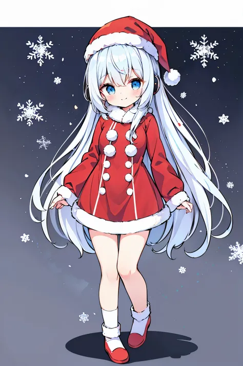 "anime girl, 1 person, silver white hair mixed with black, blue eyes, wearing headphones, Santa hat,Santa shirt, Santa outfit, Christmas outfit, red winter outfit, red winter dress, big breasts,  long socks, standing cross-legged, smiling shyly, blushing, ...