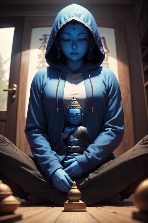 There is a blue Buddha statue facing the front and wearing a hoodie hood,Buddha, the buddha, buddhism, beautiful image,Buddha,Buddha