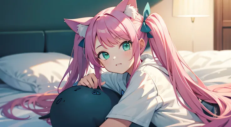 Best Quality, Masterpiece, High Resolution, teenage girl, pink hair, long hair, two pigtails, cat ears, white shirt, white hoodie, turquoise green eyes, one canine tooth