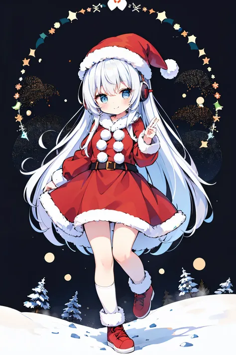 "anime girl, 1 person, silver white hair mixed with black, blue eyes, wearing headphones, Santa hat,Santa shirt, Santa outfit, Christmas outfit, red winter outfit, red winter dress, big breasts,  long socks, standing cross-legged, smiling shyly, blushing, ...