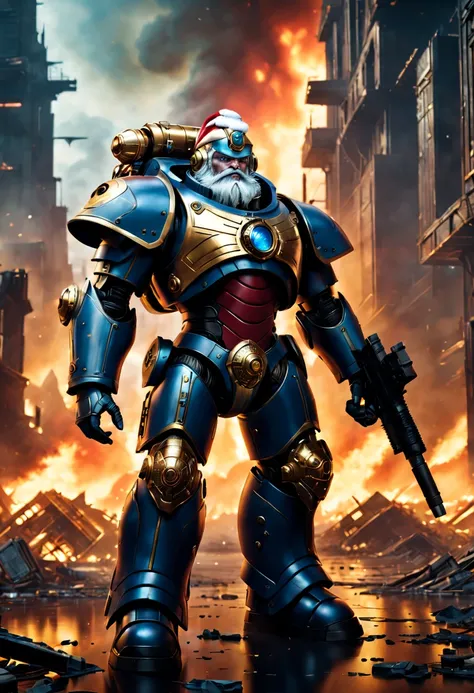 Warhammer 40K universe, cybernetic santa claus，Mechanical suit of red and gold armor，sparkly blue color eyes，Intense war-like environment，Destroyed buildings and flames，The background is a futuristic cityscape，Equipped with laser gun and shield，Radar and a...