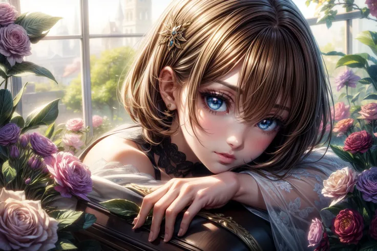 Official Art, Masterpiece European female face, short hair, lightbrown hair , brown eyes , flower garden , (​masterpiece、top-quality、hight resolution: 1.4),in 8K, Drawing of a woman with short lightbrown hair, Anime Art Nouveau, highly detailed exquisite f...