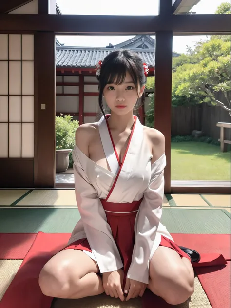 A woman wearing a red skirt and white shirt takes a photo, japanese girl school uniform, hakama kimono, Japan school uniform,  A Japanese style, Red kimono, A Japanese styleスタイル, traditional japanese, Wearing Hakama, japanese kimono,背景にWinter scene,Backgro...