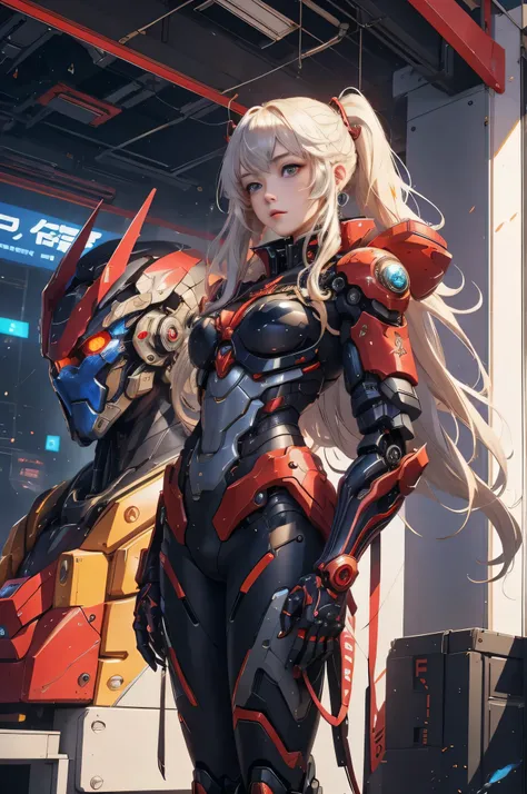 Anime girl in shorts and jacket standing next to giant robot、Guweiz style artwork、Girl mecha in cyberpunk anime、trending in CGSTATION、guweiz、By Russell Dongjun Lu、数字赛博朋克动漫艺术、ros tran 8 k、Guweiz on ArtStation illustration - pixiv 、Girl in Mecha Cyber Armor,...