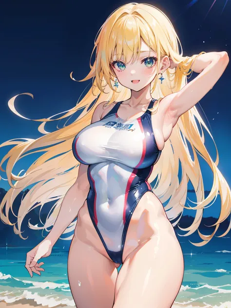 an anime girl、Mature girls、beautiful a girl、Cute little girl s、middle school girl、solo、girl wearing a swimsuit、very long blonde girl、rating:safe、onepiece swimsuit、 水色と黄色の縁のタンクスーツを着たan anime girl、 水色と黄色の縁のHigh Leg Racing Swimwear、Two-tone high-leg racing sw...