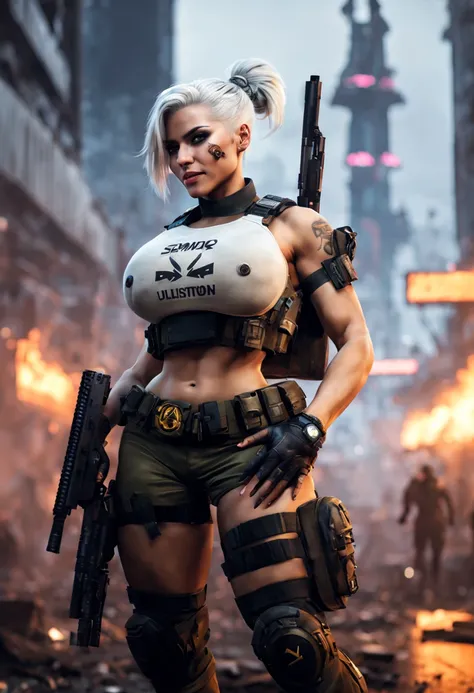 best quality, masterpiece, cyberpunk 1girl, (solo:1.1), ultra detailed,detailed face, 8k wallpaper, platinum white hair in a bun, wide hips, smile, military female soldier with gear of war, city background, smoke and rubbles,