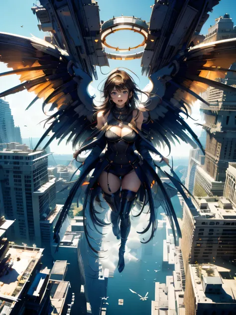 longshot, aerial angle, (mechanical, complex body), 100m tall angel, flying, sing, female round face, drooping eyes, open mouth, open legs, (protect cover on chest and crotch), ((halo)), ruins of the city, impact, high speed, flame, necklace on fire, destr...