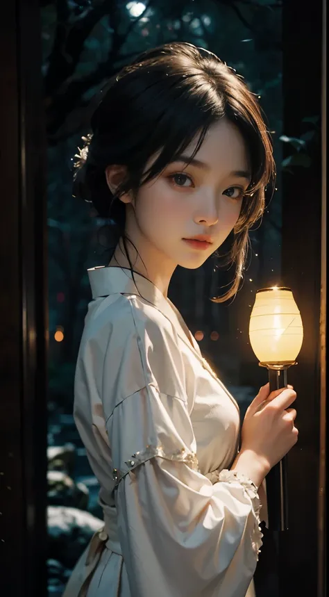 in the form of anime, A mysterious young woman holds a glowing light that emits a soft glow., Shining brightly on her flawless appearance.. The setting is quiet., The moonlit forest and her attire are an elegant blend of traditional Asian culture and futur...