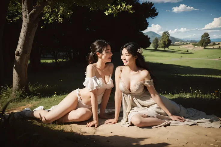 angelicales,Ancient Roman ruins,Poussin-style landscape,A smile,,Sweet and seductive appearance.、Caravaggios paintings、Chiaroscuro of Caravaggio、Hair disheveled in the wind,Two women frolicking,Cute smile, Expression of ecstasy,A sexy,Erotic