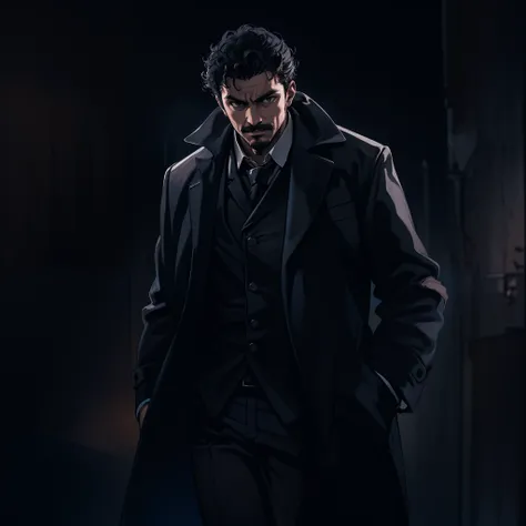 (((preto))) Detetive, man latino de 25 anos ,detective overcoat only with a preto shirt without a tie, preto pants and hair (((preto))) (((medium))) and curly and chaotic and small mustache, ((( Single hard light from top to bottom))), with your hands in y...