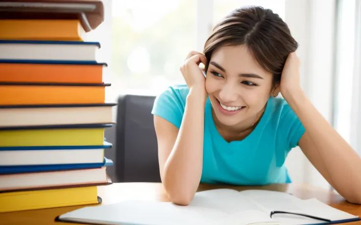 menina arafed sentada em uma mesa, She is grinning, tentando estudar, Estudar, estudante, Estudar in a brightly lit room, estudioso, Lutando, estressando-se, tentando ler, Frustrado, preocupado, stressed expression, concentrating, preso, Me ajuda, conhecim...