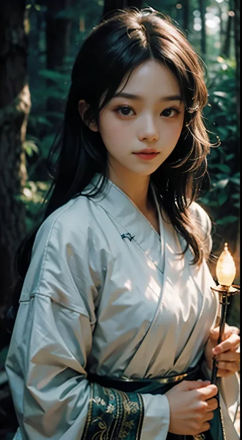 in the form of anime, A mysterious young woman holds a glowing light that emits a soft glow., Shining brightly on her flawless appearance.. The setting is quiet., The moonlit forest and her attire are an elegant blend of traditional Asian culture and futur...