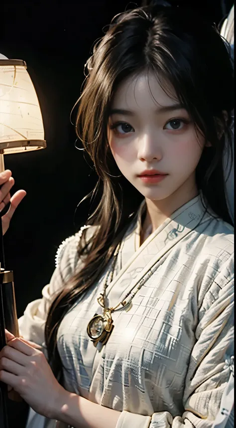 in the form of anime, A mysterious young woman holds a glowing light that emits a soft glow., Shining brightly on her flawless appearance.. The setting is quiet., The moonlit forest and her attire are an elegant blend of traditional Asian culture and futur...