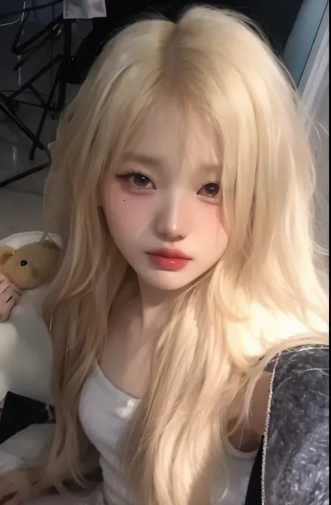 a close-up of a person with long blonde hair and a teddy bear, parque roseanne do blackpink, extremely pale blond hair, very ver...