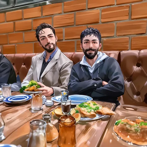 three men sitting at a table with plates of food and drinks, very very low quality picture, taken on a 2010s camera, enes dirig, ayanamikodon and irakli nadar, mc escher and ronny khalil, high picture quality, taken in 2 0 2 0, photo taken in 2 0 2 0, high...