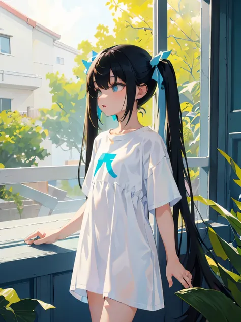 （​masterpiece，Highest Quality），(child)，((Long white T-shirt，Thin dress))，(A dark-haired，long twintail)，Turquoise eyes，sleepy expression，Delicate body