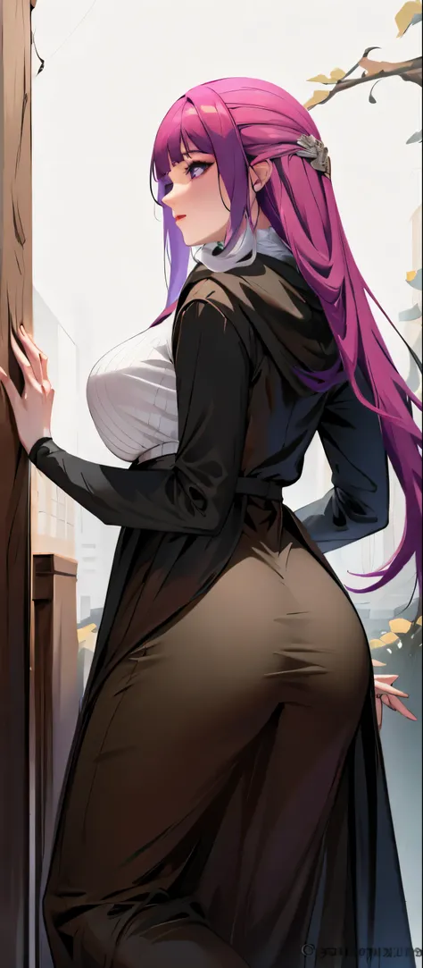 looking down, looking at viewer, masterpiece, best quality, absurdres, backboobs, knee up, from behind, back, plump ass, rear end, beautiful face, perfect anatomy, 1girl, solo, FernFrieren, very long hair, purple eyes, (purple pupils:1.1), (white dress:1.2...