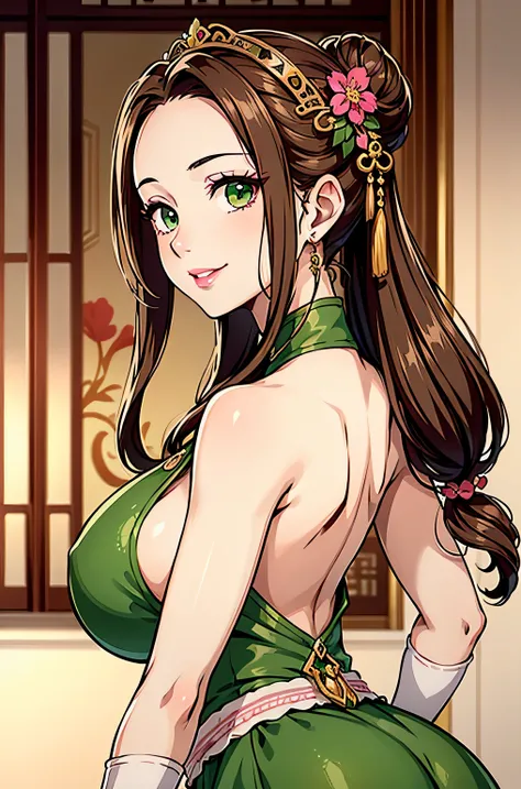 1girl, long hair, forehead, swept back hair, double bun, flower hair ornament, brown hair, green eyes, pink lips, smile, sleeveless dress, green dress, white elbow gloves, 20 years old, large breasts, chinese palace, best quality, masterpiece