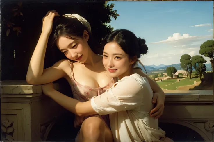 angelicales,Ancient Roman ruins,Poussin-style landscape,A smile,,Sweet and seductive appearance.、Caravaggios paintings、Chiaroscuro of Caravaggio、Hair disheveled in the wind,Two women frolicking,Cute smile, Expression of ecstasy,A sexy,Erotic