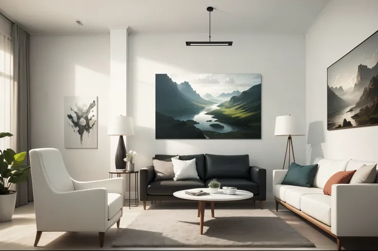 very white minimalistic and modern living room, white furnitures, white sofa, chairs, table and one big artwork of a landscape on the main wall.