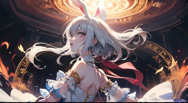 1girl, messy iridescent white hair, pink eyes, glowing eyes, angry, pale skin, bunny ears, covering ears, age 25, mature face, wearing long clingy white dress with gold runes, see-through clothes(intricate detail), bunny tail, arms up, holding fire, glowin...