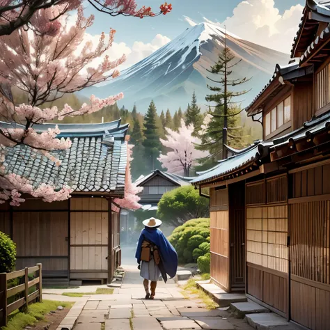 An anime scene that captures the majestic serenity of a mountainous environment in Japan on a gloomy day. As nuvens pesadas pairam sobre as altas montanhas que se erguem ao fundo, creating an atmosphere of mystery and melancholy. A luz difusa destaca os co...