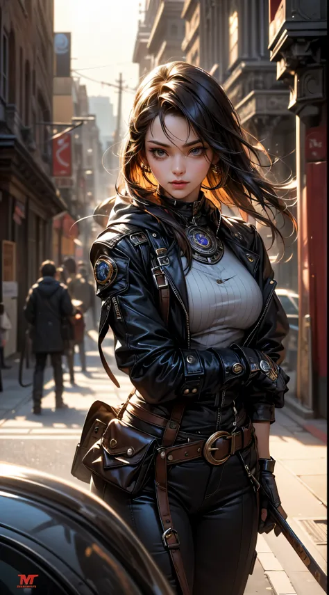 (masterpiece), (best quality), realistic, photorealism, photograph, 1girl, solo, steampunk girl with mechanical arm, messy hair, perfect face, perfect body, good anatomy, steampunk city background, day light, cinematic