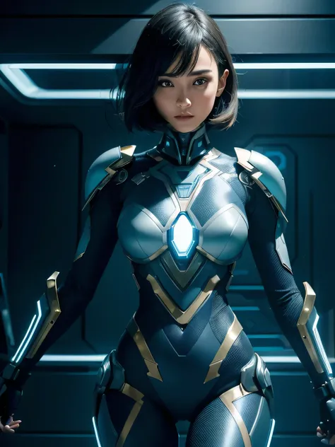 A futuristic scene in a nanotechnology laboratory where a stunningly beautiful female human, adorned in nanotechnological armor that accentuates her sensual curves, stands amidst the activity of tiny metallic robots. The robots, glowing with electric blue ...