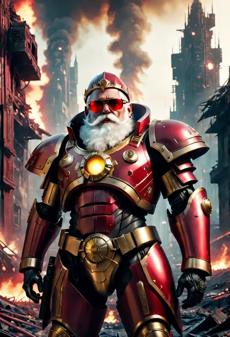 Warhammer 40K universe，santa claus，Mechanical suit of red and gold armor，sparkly red color sunglasses，Intense war-like environment，Destroyed buildings and flames，The background is a futuristic cityscape，Santa hat，severe and threatening atmosphere，Sci-fi cy...