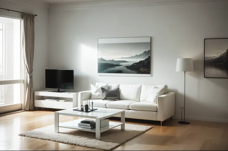 very white minimalistic and modern living room, white furnitures, white sofa, white chairs, white table and one big artwork of a landscape on the main wall.