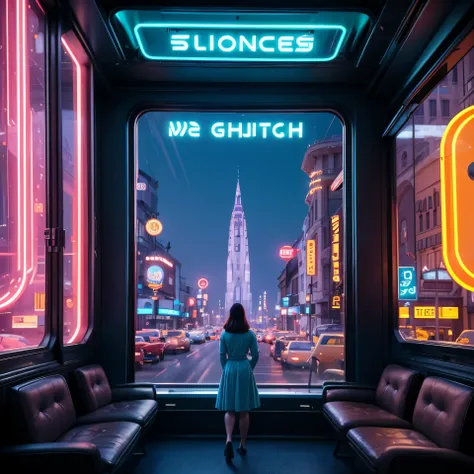 4k image from a 1960s science fiction film by Wes Anderson, Filme O Grande Hotel Budapeste, pastels colors, a retro window design, seen from inside a room from the inside out, an big city neon colors through a window, big city retro futuristic neon, blade ...