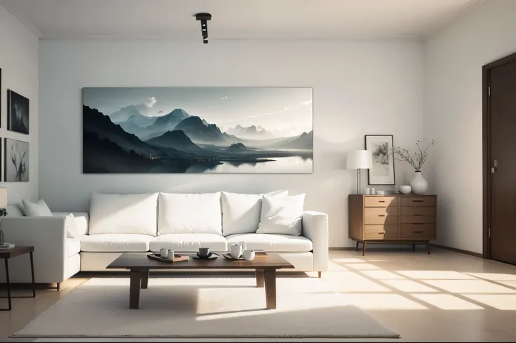 very white minimalistic and modern living room, white furnitures, white sofa, white chairs, white table and one big artwork of a landscape on the main wall.