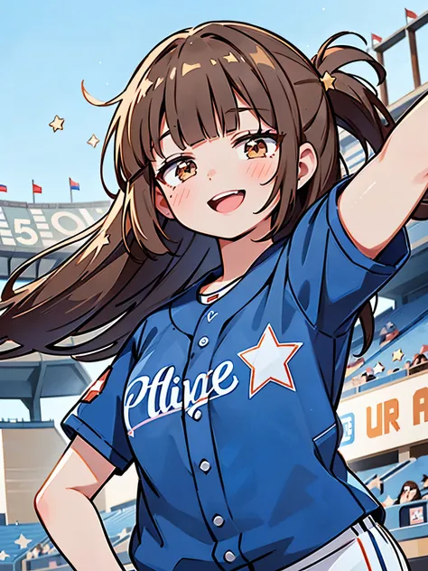 1girl, (solo), 
((blunt bangs)), brown hair, brown eyes, long straight hair, ((silver-star-hairpin on her right bang)), ((baseba...