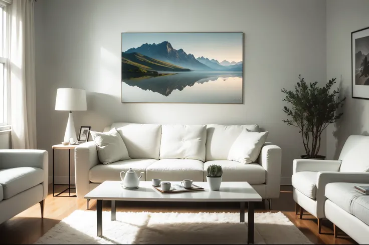 very white minimalistic and modern living room, white furnitures, white sofa, white chairs, white table and one big artwork of a landscape on the main wall.