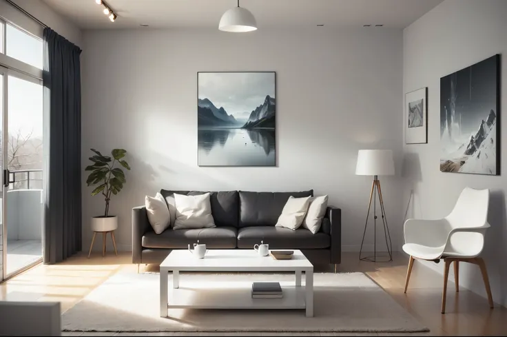 Very white, cold, minimalistic and modern living room. With white furnitures, white sofa, white chairs, white table and one big artwork of a landscape on the main wall.