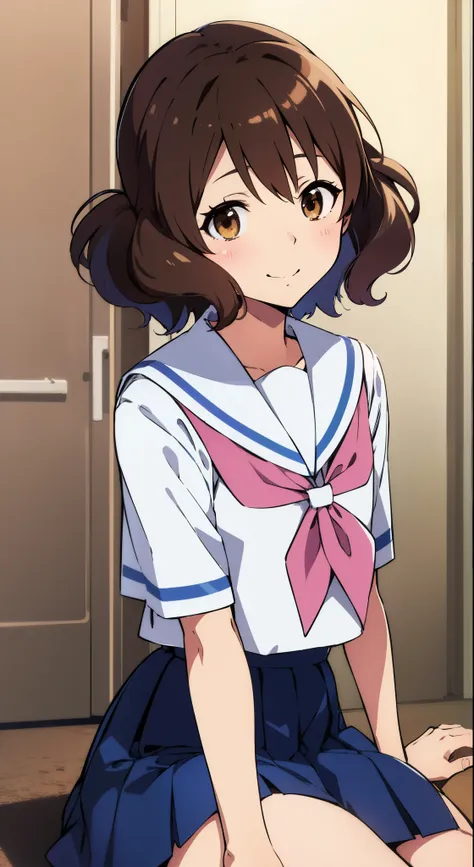 kumiko oumae, (brown eyes:1.5), brown hair, short hair, wavy hair, 
break blue skirt, 手链, kitauji high school uniform, neckerchi...