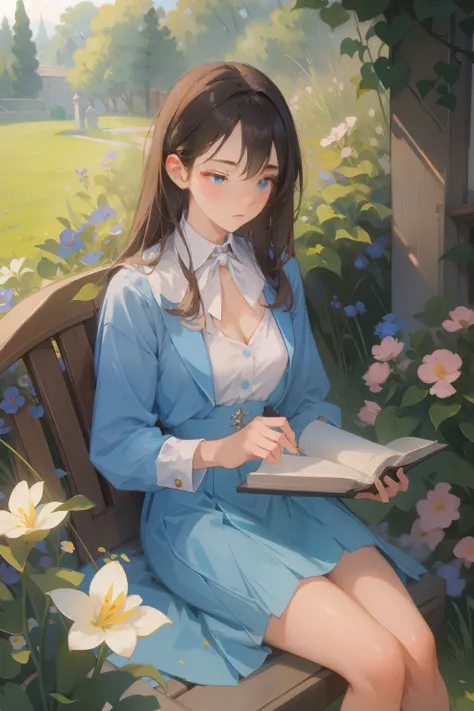 (masterpiece), (best quality), 1girl, 20 years old, deep V dress, sexy, sitting, reading book, in the garden, spring, flowers, windy