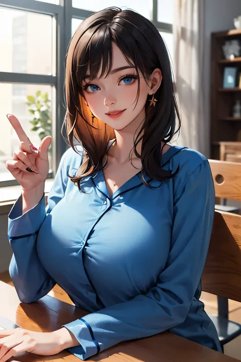 (masterpiece:1.2, best quality), (1lady, solo, upper body:1.2), clothing: loose-fitting, comfortable pajamas Accessories, detailed the hand, Hair: Short dark blue shoulder-length hair Makeup: natural, glowing skin, behaviocing the table, sitting at the tab...