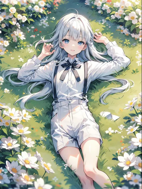 anime boy lying on the grass,独奏、 white flower garden, beautiful sunlight, clear blue sky, long white hair, light blue eyes, 独奏 同...