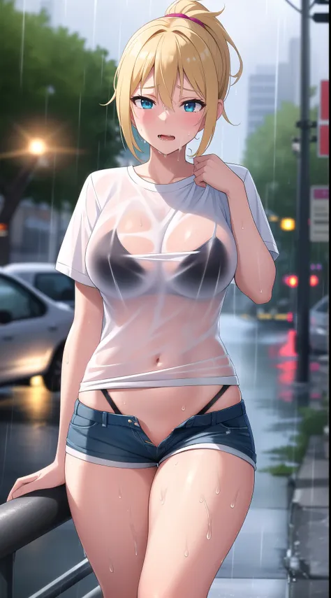 (best quality:1.5, highres, UHD, 4K, detailed lighting, shaders, perfect hand anatomy), blonde ponytail, beautiful, hot, gorgeous, sexy, erotic, lewd, seductive, ecchi, busty, horny, thighs, crotch, white t-shirt, shorts, wet clothes, see-through, rain, st...