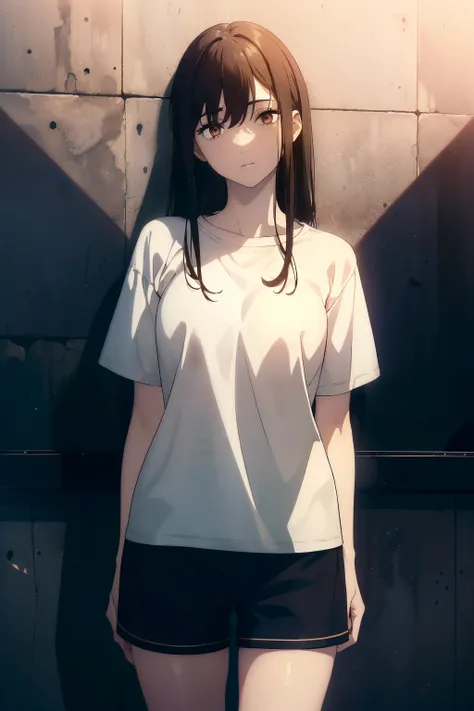 ((((Obra maestra, La mejor calidad, ultrahigh resolution)))), 1girl, standing, (baggy white t-shirt, loose fitting blue shorts, long back hair, long dark black hair, pale skin, ((shining brown eyes)), ((ultra detailed eyes:1, beautiful and detailed face, d...