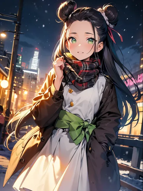 wearing a coat.　high-level image quality、Manhattan, New York, (gradation hair, Dutch angle:1.3), ((Yellow eyes))、 ((Long hair in two buns)), ((slicked back hairstyle))、Forehead is exposed.、A dark-haired、((Green eyes))、Dark Tone、A slight smil, Vibrant color...