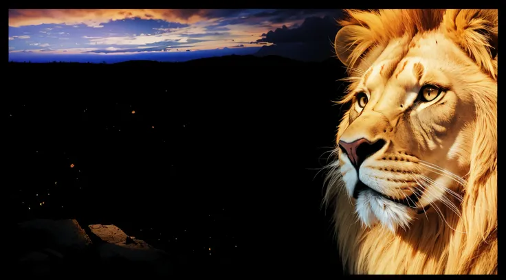 Lion, Divine Lion, Lion King, Lion Majestic, natural, Natureza, renderizado, fotorrealista, UltraHD, 4k, texturasdetalhadas, thunders, sombras detalhadas, cores detalhadas, por do sol, sol se pondo, Sunset, Natureza Linda, Great Divine, por do sol, contras...