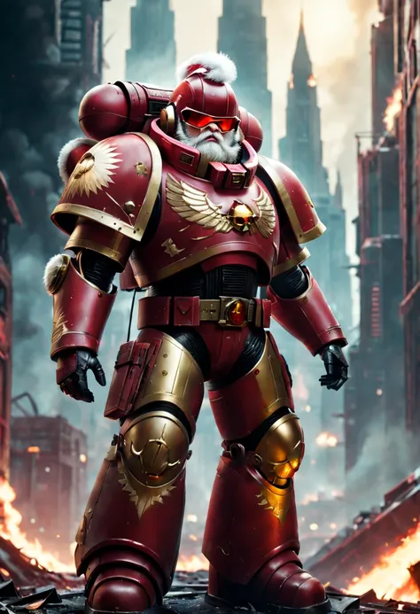 warhammer 40k universe，santa claus，mechanical suit of red and gold armor，sparkly red color sunglasses，intense war-like environme...