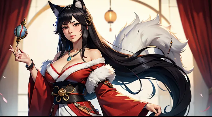 Ahri, 1girl, beads, black hair, blush,  brown eyes, cleavage, facial mark, fox ears, fox girl, fox tail, fur-trimmed kimono, fur trim, hair ornament,  japanese clothes, jewelry, kimono,  long hair, looking at viewer, low neckline, magatama, magatama neckla...