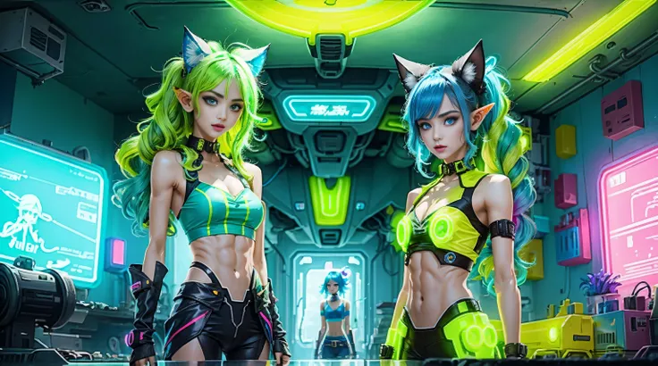 two beautiful skinny elf girls, rainbow color, neon grean and teal haircolor, space buns, cute face, giant green and black octopus tentacles touching the girls, extreme abs, cute face, rainbow colors, city, cityscape, ancient ruins, beautiful girls, cute f...