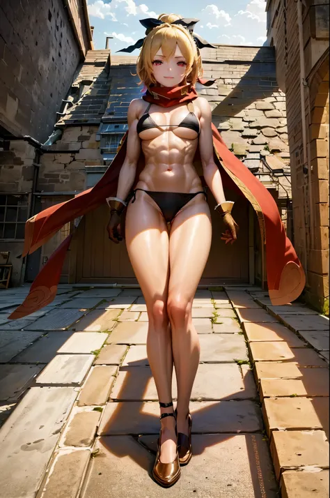 best quality, 4k, ((masterpiece)), extremely detailed, 8k, Trending on ArtStation, intricate, very high details, sharp focus, detailed background, (Fantasy City: 1.4), Roof, 1girl, floor, navel, ( blonde hair), red eyes, hair bow, red scarf, braid, short h...