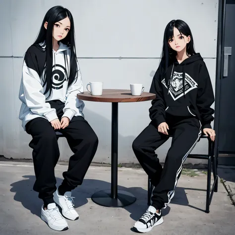 Two beautiful and cute girls, long black hair, black white hoodie, trousers, sneakers, decent, tall, sit, table