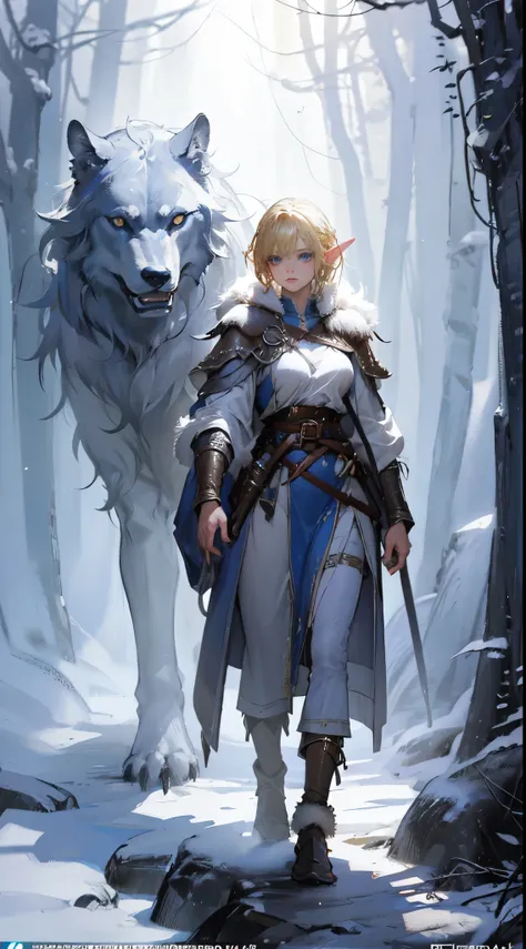 ((masterpiece, best quality)), viking elf girl, fantasy, Stand with wolf, aaa art, design by aykut aydogdu, whistlerian, high resolution, john larriva, mottled, full body, concept art, painting, sparth. BREAK, (elf:1.2), 1girl, solo, (Blonde Hair:1.15), Bl...