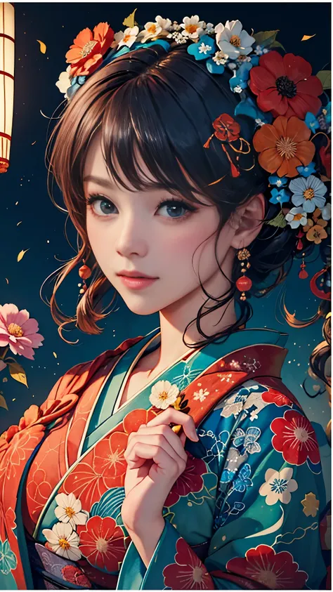 8k, top-quality, hight resolution, bishoujo 1 25 years old,  flower steamed buns,a slight smil, (traditional japanese kimono:1.3...